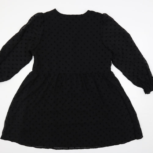 Marks and Spencer Womens Black Polka Dot Polyester A-Line Size 16 V-Neck Button - Lined