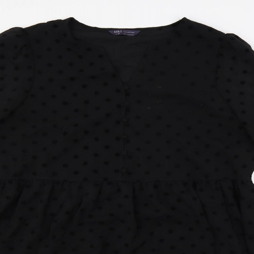 Marks and Spencer Womens Black Polka Dot Polyester A-Line Size 16 V-Neck Button - Lined