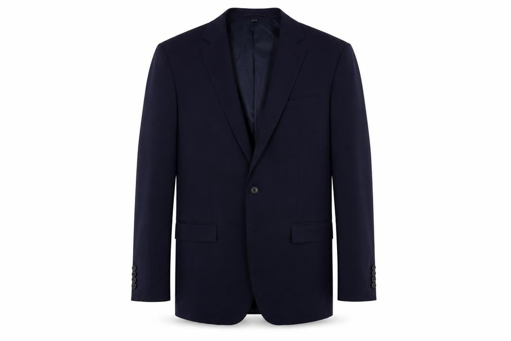 Front view of Marks & Spencer men’s blue polyester jacket suit jacket, size 42, regular