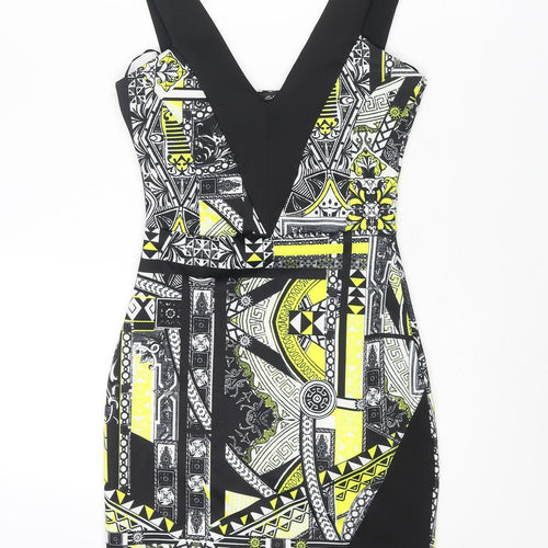 Miss Selfridge Womens Black Geometric Polyester Bodycon Size 6 Scoop Neck Pullover - Wrap Style