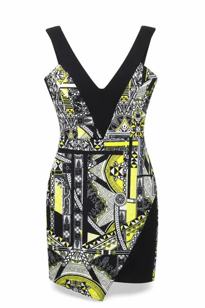 Front view of Miss Selfridge women’s black geometric polyester bodycon, size UK 6, scoop neck pullover - wrap style