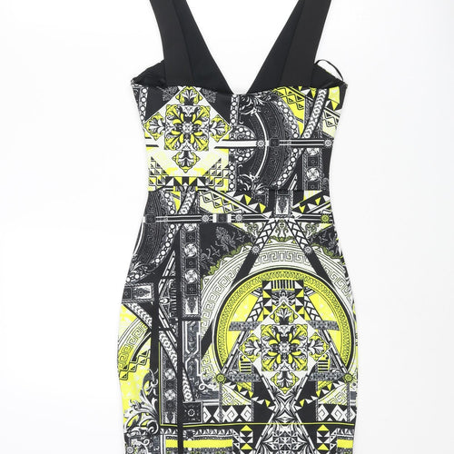 Miss Selfridge Womens Black Geometric Polyester Bodycon Size 6 Scoop Neck Pullover - Wrap Style
