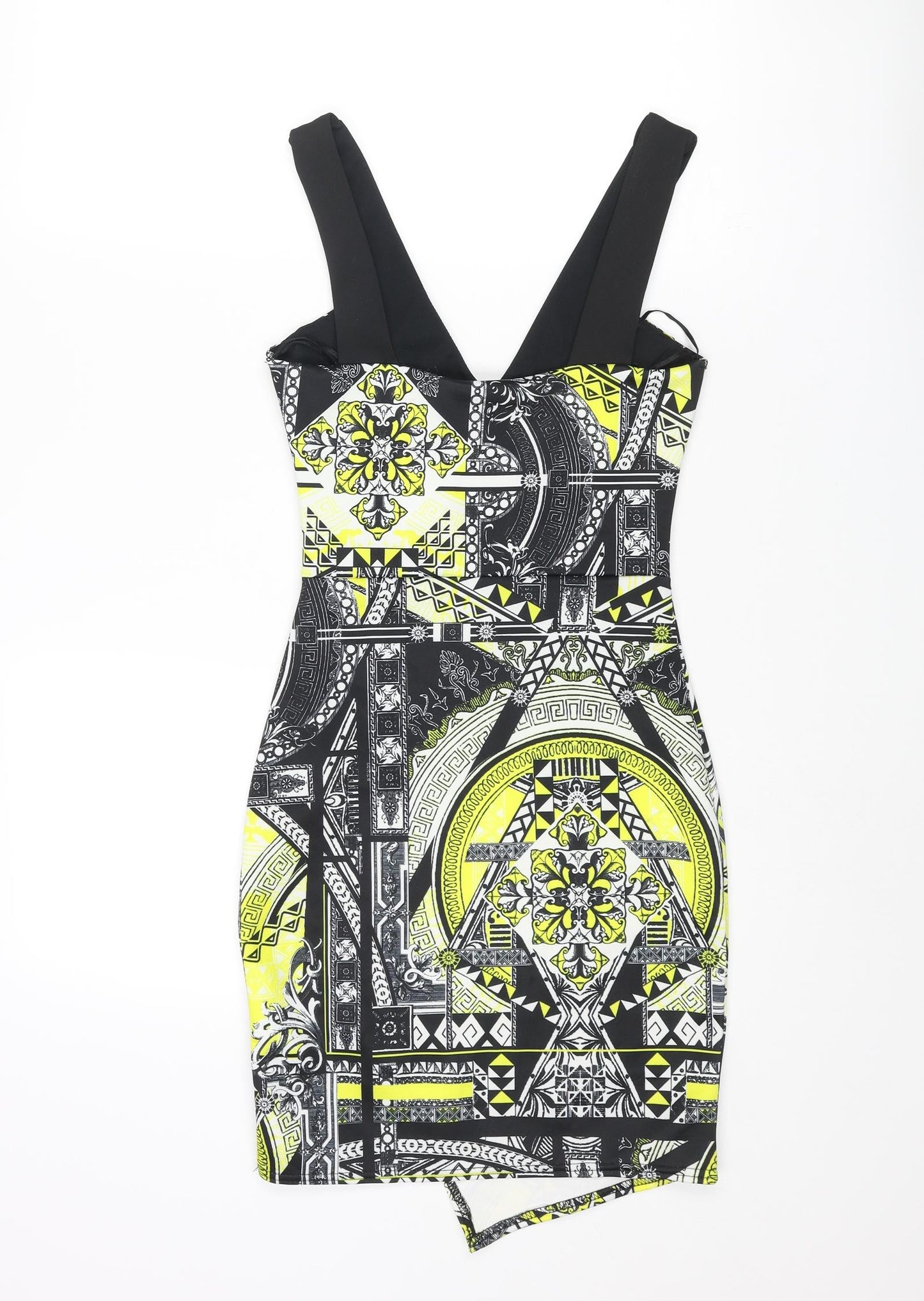 Miss Selfridge Womens Black Geometric Polyester Bodycon Size 6 Scoop Neck Pullover - Wrap Style