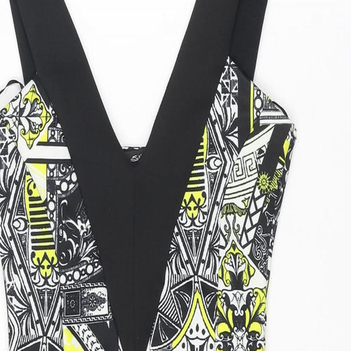 Miss Selfridge Womens Black Geometric Polyester Bodycon Size 6 Scoop Neck Pullover - Wrap Style