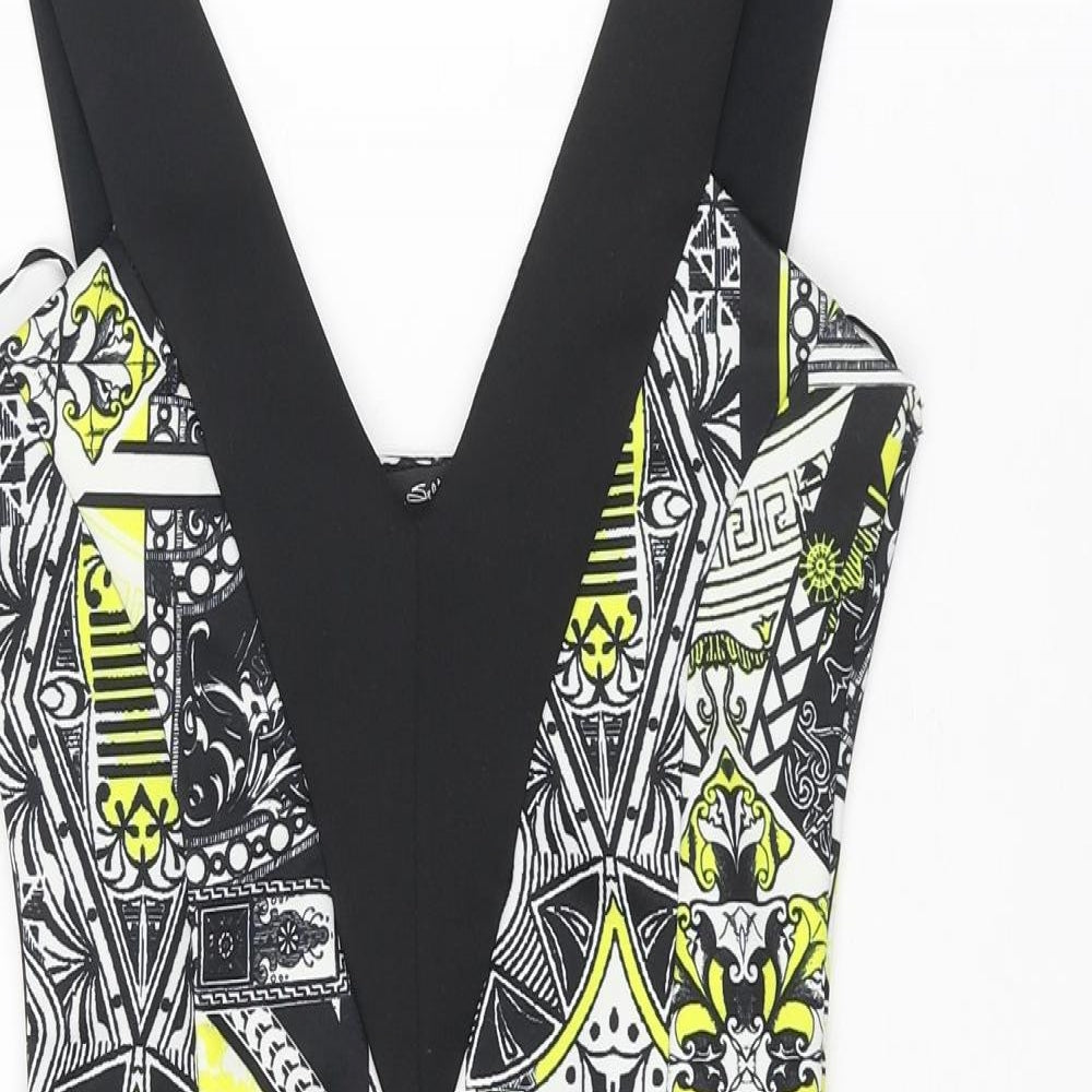 Miss Selfridge Womens Black Geometric Polyester Bodycon Size 6 Scoop Neck Pullover - Wrap Style
