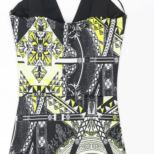 Miss Selfridge Womens Black Geometric Polyester Bodycon Size 6 Scoop Neck Pullover - Wrap Style