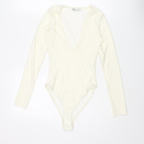 Zara Womens Ivory Polyester Bodysuit One-Piece Size S Snap - Ribbed