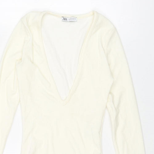 Zara Womens Ivory Polyester Bodysuit One-Piece Size S Snap - Ribbed