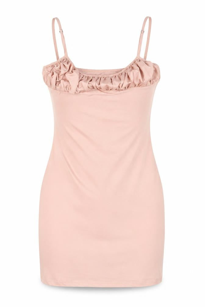 Front view of Oh Polly women’s pink polyester mini, size UK 10, scoop neck pullover - rouched