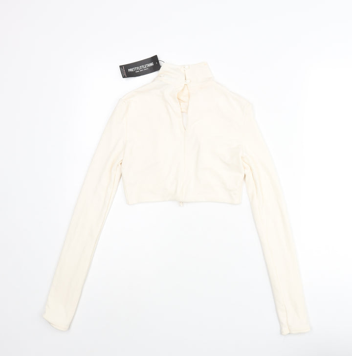 PRETTYLITTLETHING Womens Ivory Polyester Cropped Blouse Size 4 Mock Neck - Open Front Drawstring