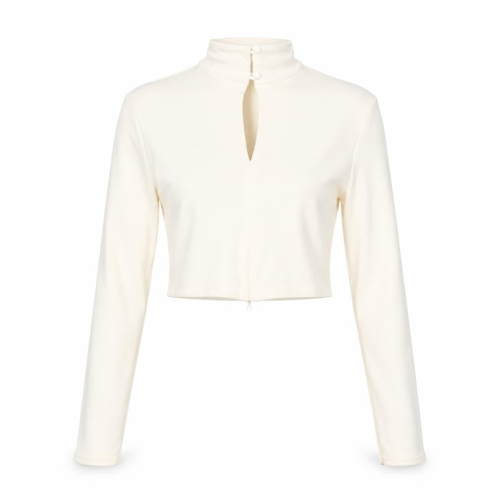Front view of PRETTYLITTLETHING women’s ivory polyester cropped blouse, size UK 4, mock neck - open front drawstring