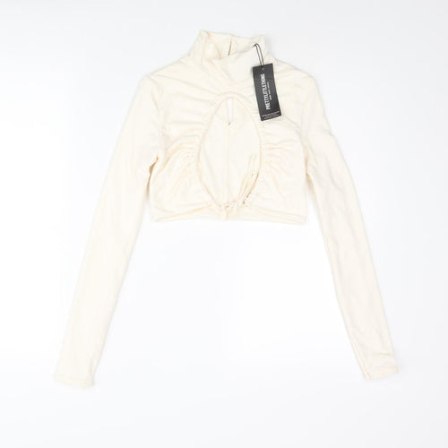 PRETTYLITTLETHING Womens Ivory Polyester Cropped Blouse Size 4 Mock Neck - Open Front Drawstring