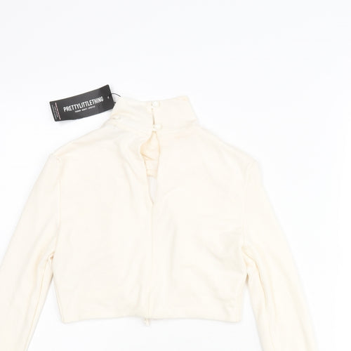 PRETTYLITTLETHING Womens Ivory Polyester Cropped Blouse Size 4 Mock Neck - Open Front Drawstring