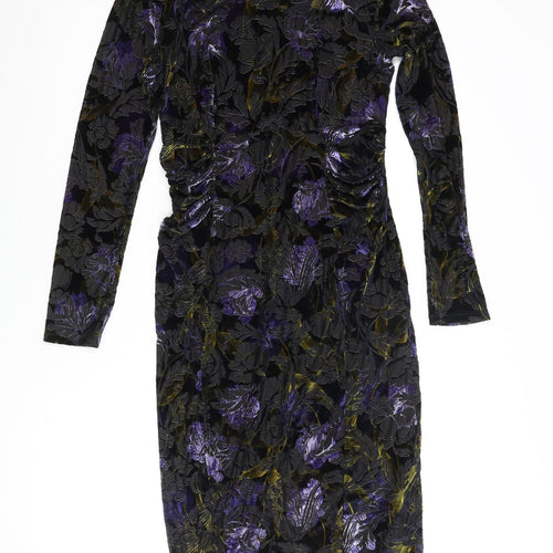 Classic Womens Multicoloured Floral Polyester Pencil Dress Size 10 Round Neck Zip - Velvet Detail Rouched