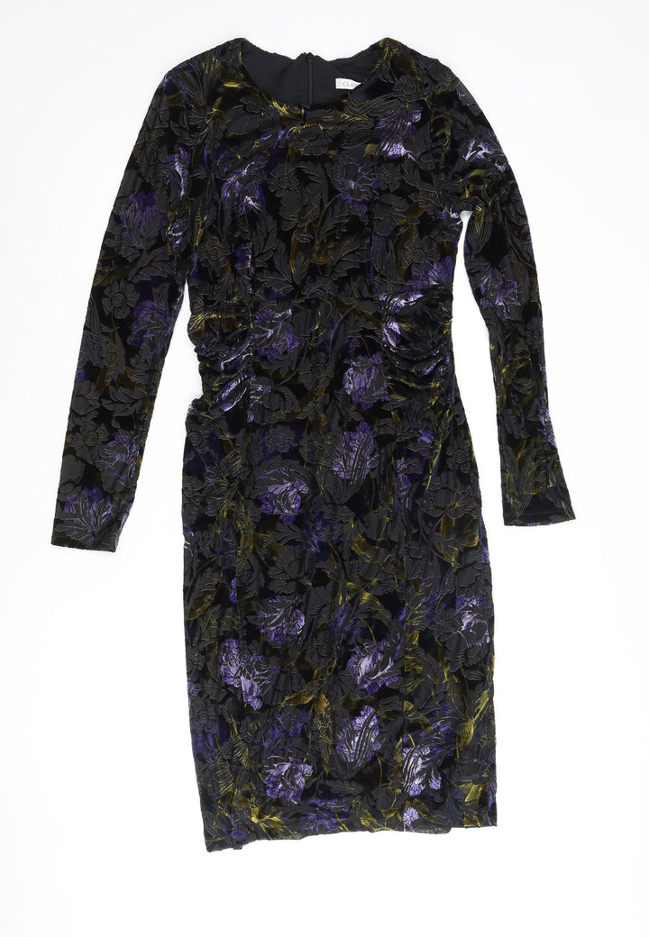 Classic Womens Multicoloured Floral Polyester Pencil Dress Size 10 Round Neck Zip - Velvet Detail Rouched
