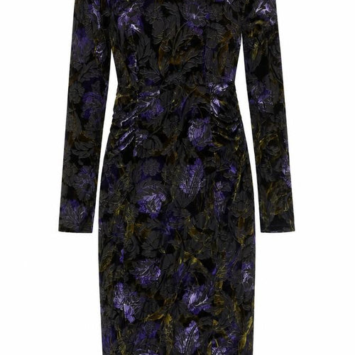 Classic Womens Multicoloured Floral Polyester Pencil Dress Size 10 Round Neck Zip - Velvet Detail Rouched