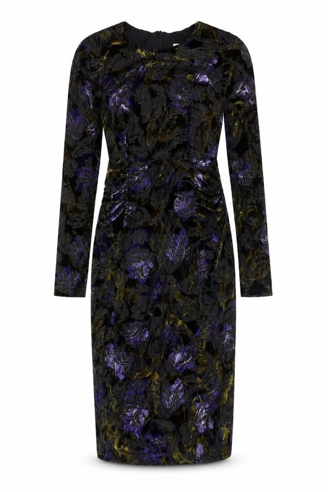 Classic Womens Multicoloured Floral Polyester Pencil Dress Size 10 Round Neck Zip - Velvet Detail Rouched