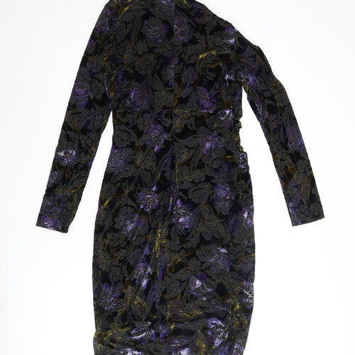 Classic Womens Multicoloured Floral Polyester Pencil Dress Size 10 Round Neck Zip - Velvet Detail Rouched