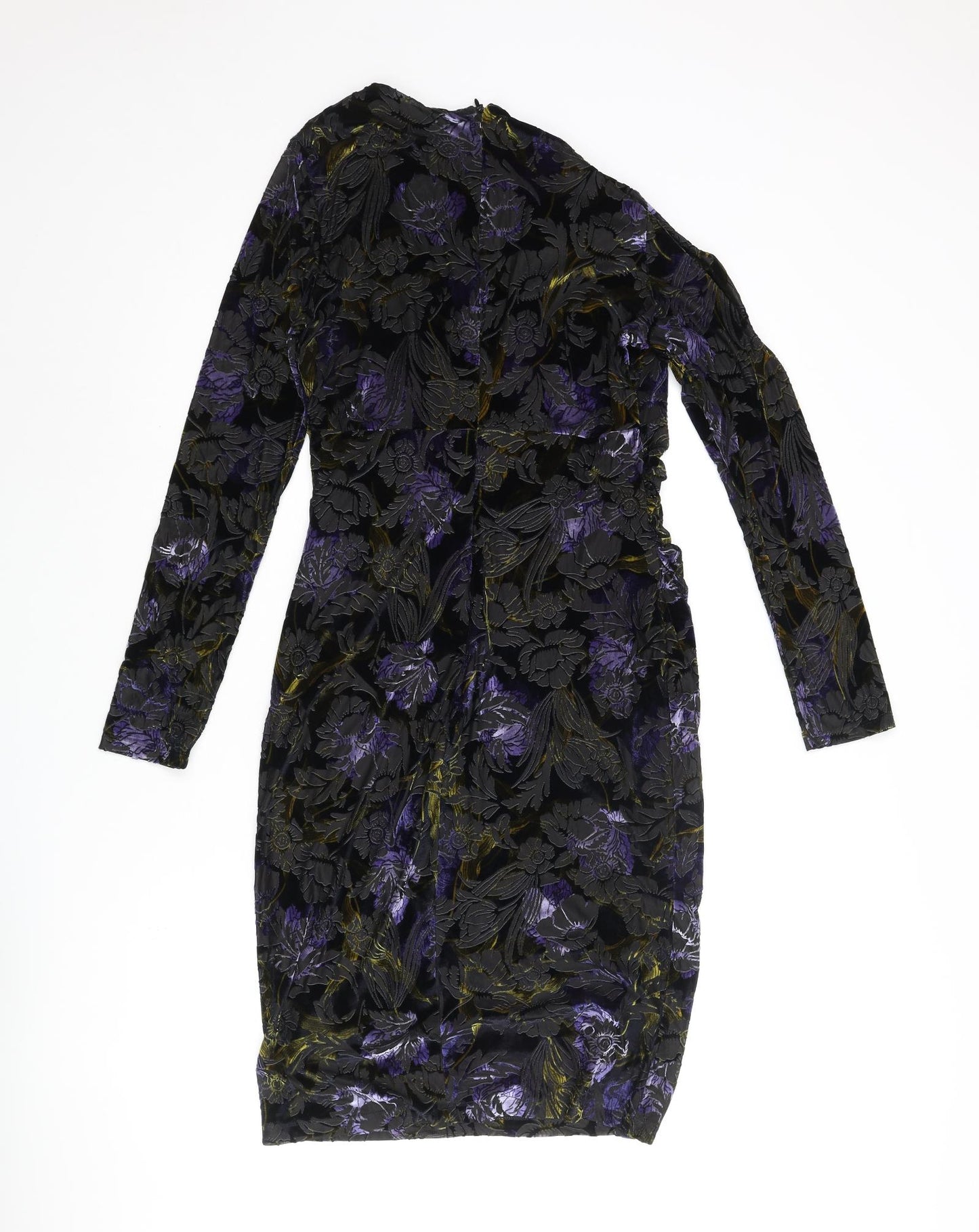 Classic Womens Multicoloured Floral Polyester Pencil Dress Size 10 Round Neck Zip - Velvet Detail Rouched