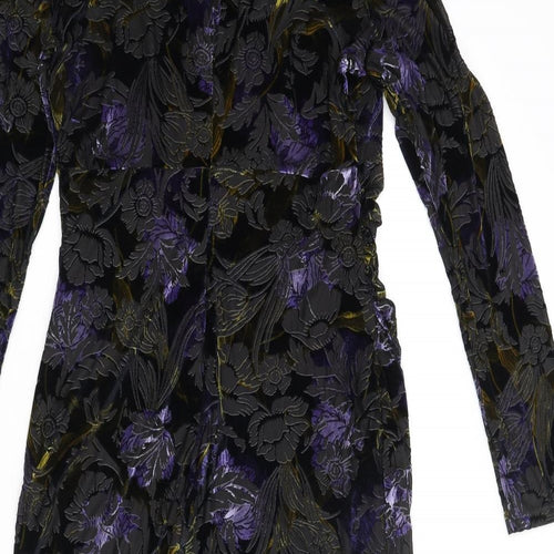 Classic Womens Multicoloured Floral Polyester Pencil Dress Size 10 Round Neck Zip - Velvet Detail Rouched