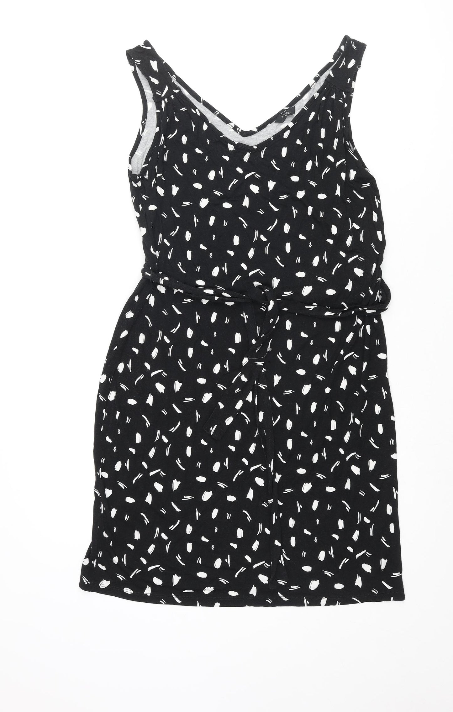 M&Co Womens Black Geometric Viscose Shift Size 10 V-Neck Pullover - Belted