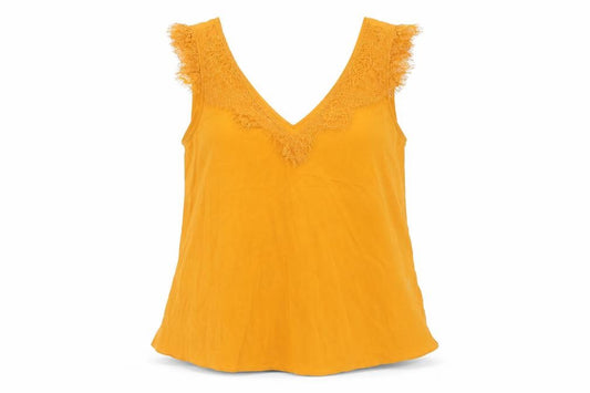 Front view of French Connection women’s yellow polyester camisole blouse, size S, v-neck - lace detail