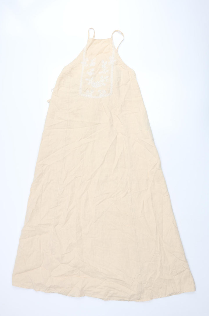 Zara Womens Pink Cotton Shift Size S Square Neck Tie - Embroidered Detail