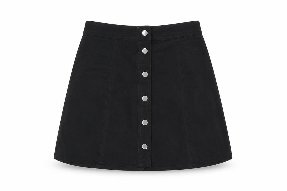 Front view of Divided by H&M women’s black polyester a-line skirt, size UK 6, snap