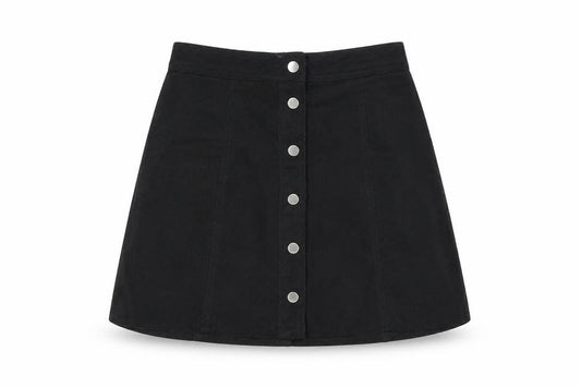 Front view of Divided by H&M women’s black polyester a-line skirt, size UK 6, snap