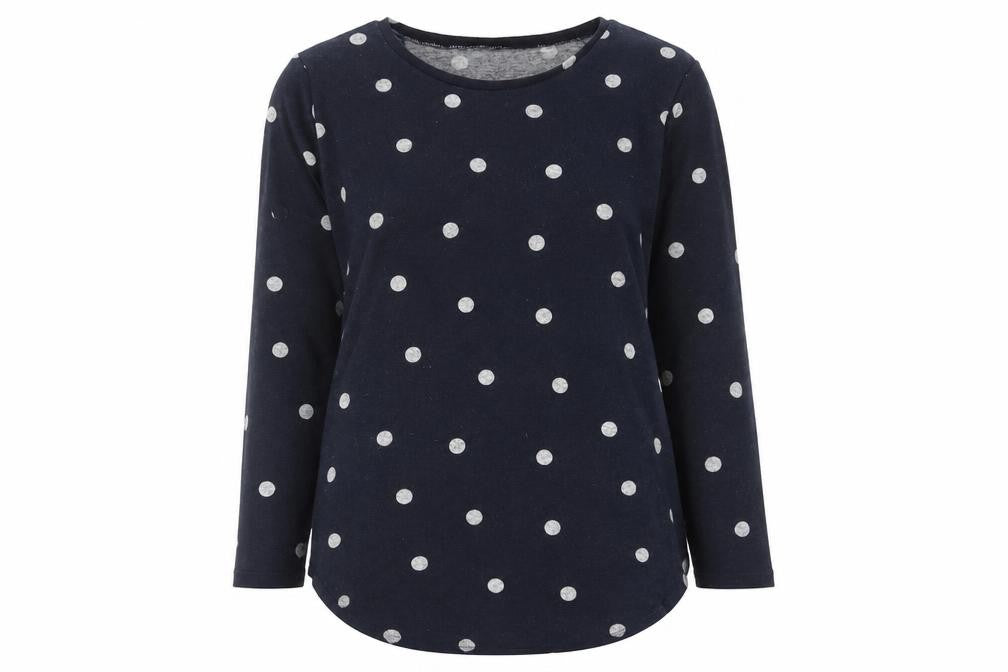 Front view of Intuition women’s blue round neck polka dot polyester jumper, size UK 12, -, size UK 12-14