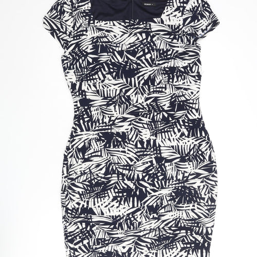 Roman Womens Blue Geometric Polyester Bodycon Size 16 Square Neck Zip - Pleated Leaf Print
