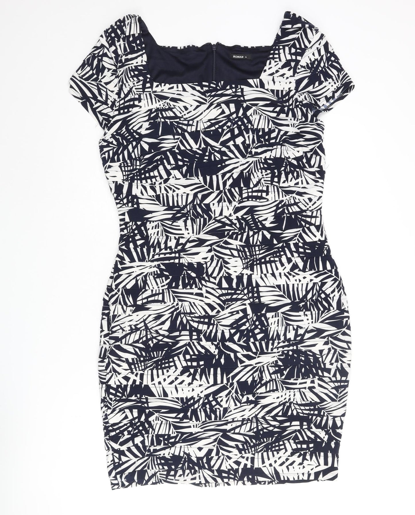 Roman Womens Blue Geometric Polyester Bodycon Size 16 Square Neck Zip - Pleated Leaf Print