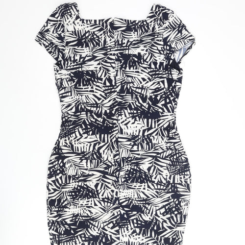 Roman Womens Blue Geometric Polyester Bodycon Size 16 Square Neck Zip - Pleated Leaf Print