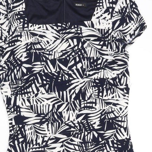 Roman Womens Blue Geometric Polyester Bodycon Size 16 Square Neck Zip - Pleated Leaf Print