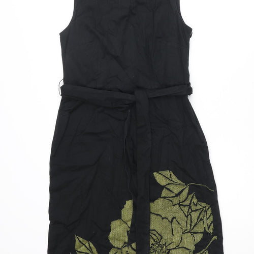 Monsoon Womens Black Cotton Pencil Dress Size 10 Round Neck Zip - Floral Embroidery Belted