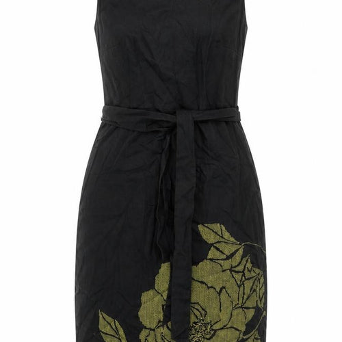 Monsoon Womens Black Cotton Pencil Dress Size 10 Round Neck Zip - Floral Embroidery Belted