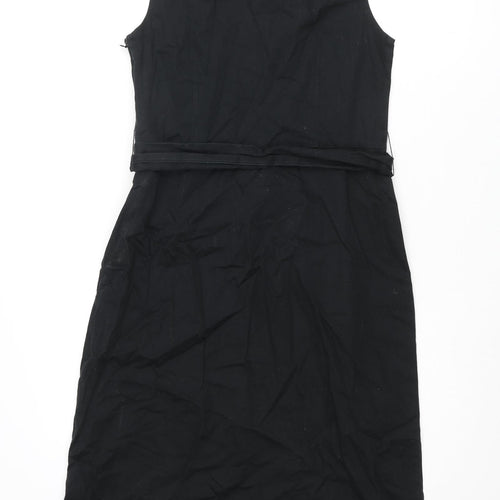 Monsoon Womens Black Cotton Pencil Dress Size 10 Round Neck Zip - Floral Embroidery Belted