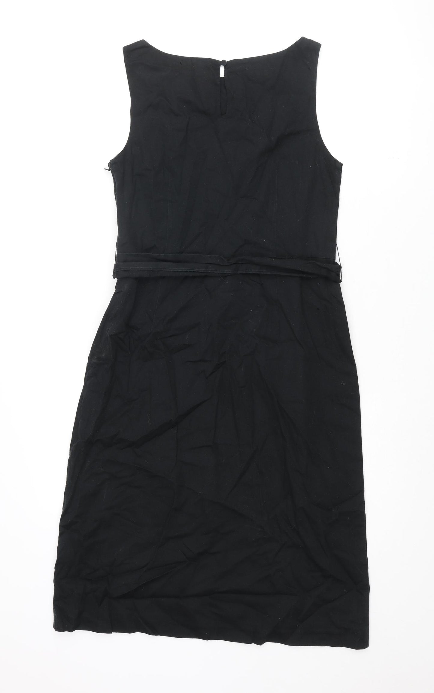 Monsoon Womens Black Cotton Pencil Dress Size 10 Round Neck Zip - Floral Embroidery Belted