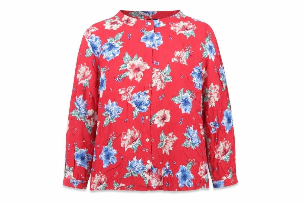 Front view of EWM women’s red floral viscose basic blouse, size UK 16, round neck