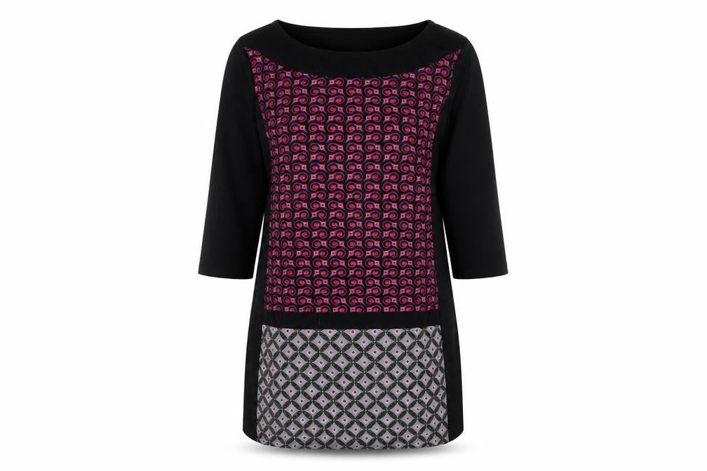 Front view of Klass women’s black polyester mini, size XL, boat neck pullover - geometric print
