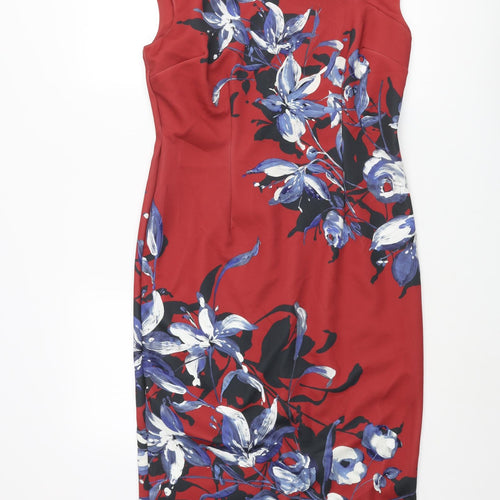 Marks and Spencer Womens Red Floral Polyester Pencil Dress Size 12 V-Neck Zip