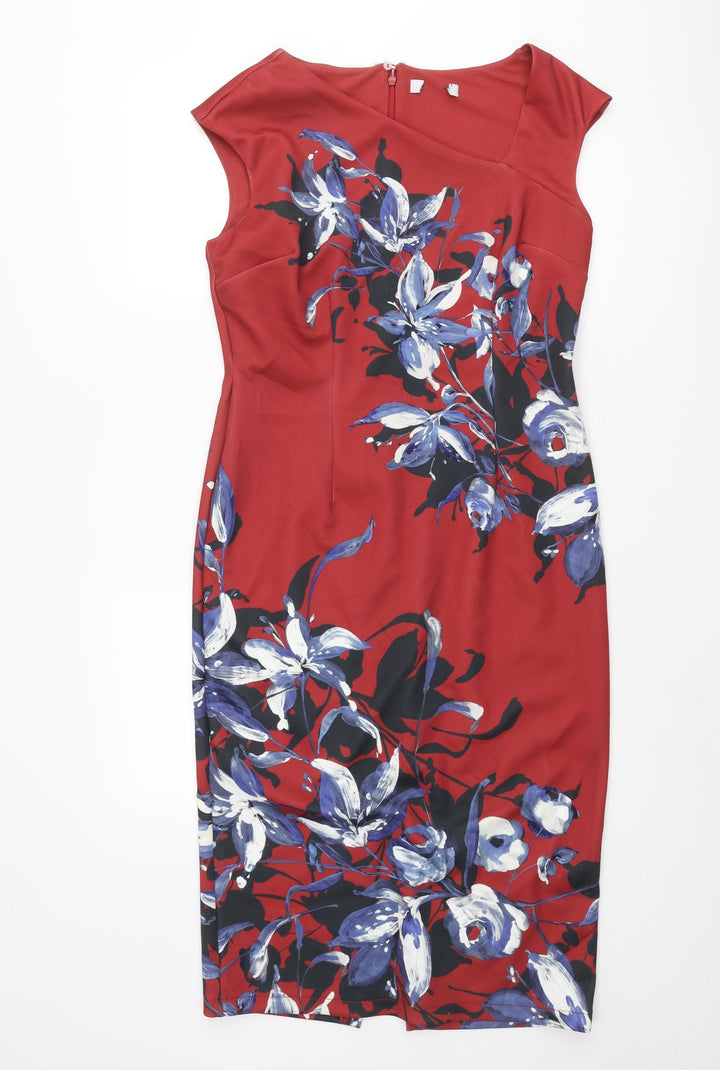 Marks and Spencer Womens Red Floral Polyester Pencil Dress Size 12 V-Neck Zip