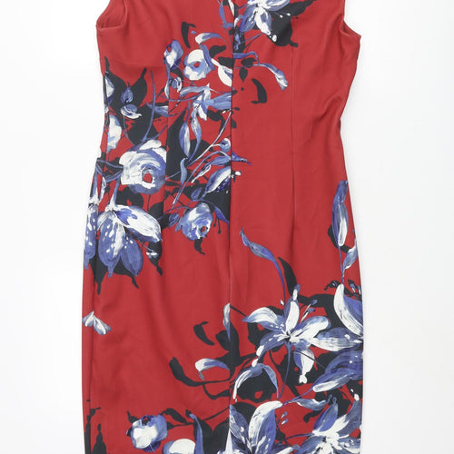 Marks and Spencer Womens Red Floral Polyester Pencil Dress Size 12 V-Neck Zip