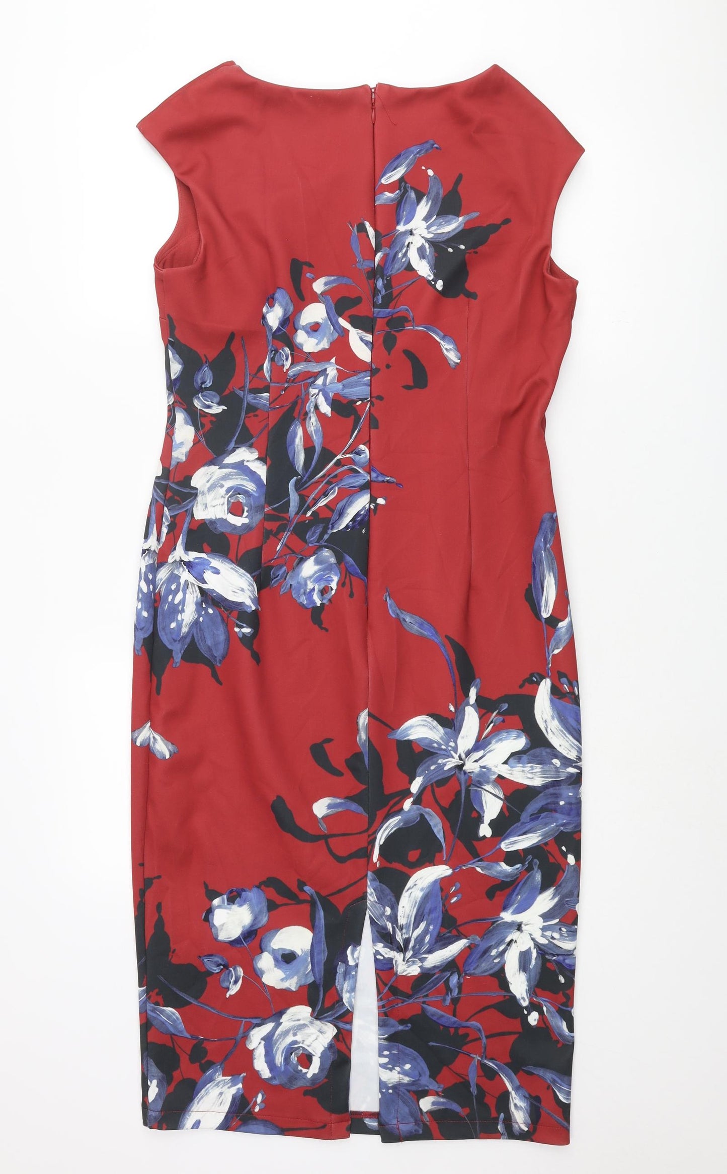 Marks and Spencer Womens Red Floral Polyester Pencil Dress Size 12 V-Neck Zip