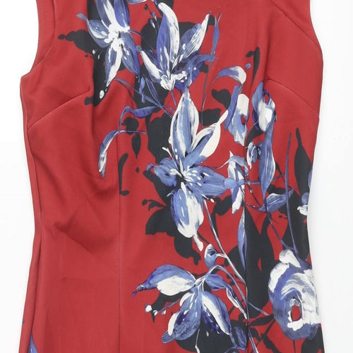 Marks and Spencer Womens Red Floral Polyester Pencil Dress Size 12 V-Neck Zip