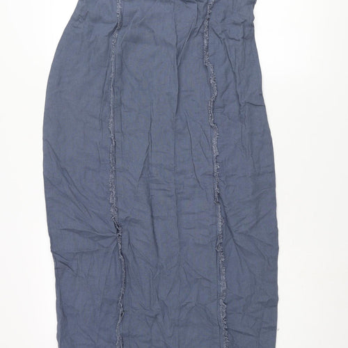 Glassons Womens Blue Linen Pencil Dress Size 12 Square Neck Zip - Raw Seam Detail