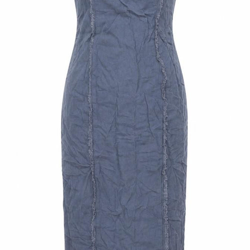 Glassons Womens Blue Linen Pencil Dress Size 12 Square Neck Zip - Raw Seam Detail