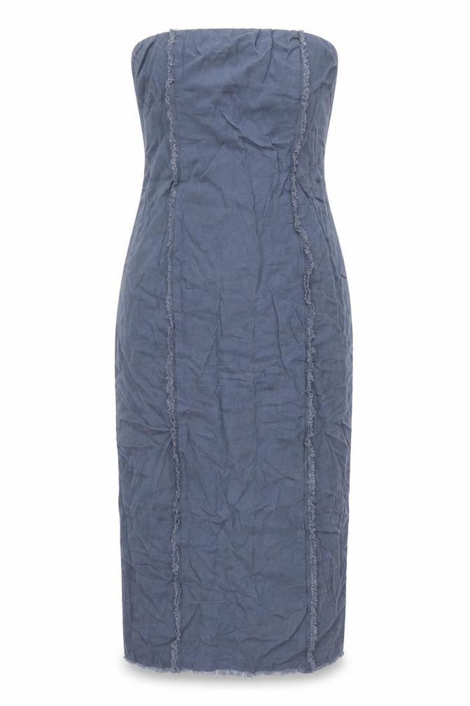 Glassons Womens Blue Linen Pencil Dress Size 12 Square Neck Zip - Raw Seam Detail