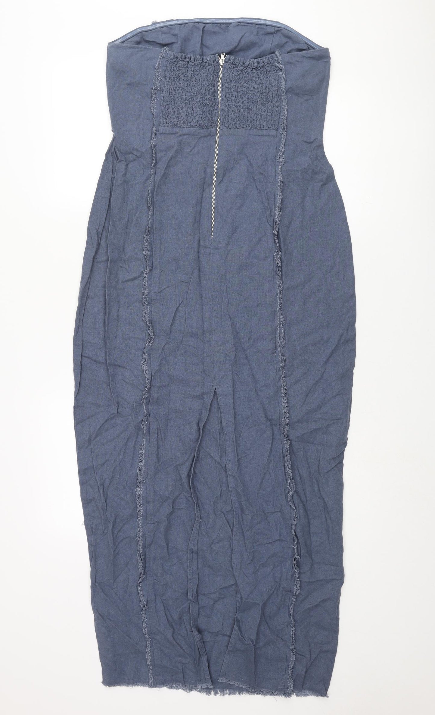 Glassons Womens Blue Linen Pencil Dress Size 12 Square Neck Zip - Raw Seam Detail