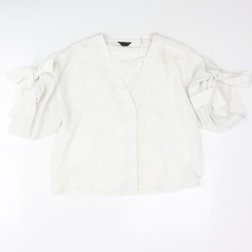 Topshop Womens White Polyester Basic Blouse Size 8 V-Neck - Sleeve Tie